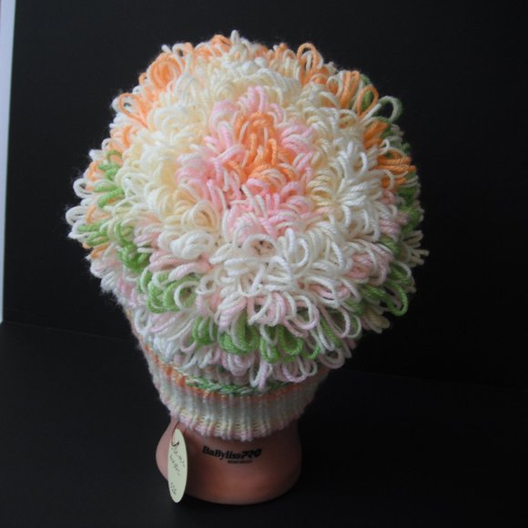 Hand Knitted Hat Toque Adult Size - L-M  Acrylic Pink/Yellow 026 Hand knit by me - Picture 3 of 7